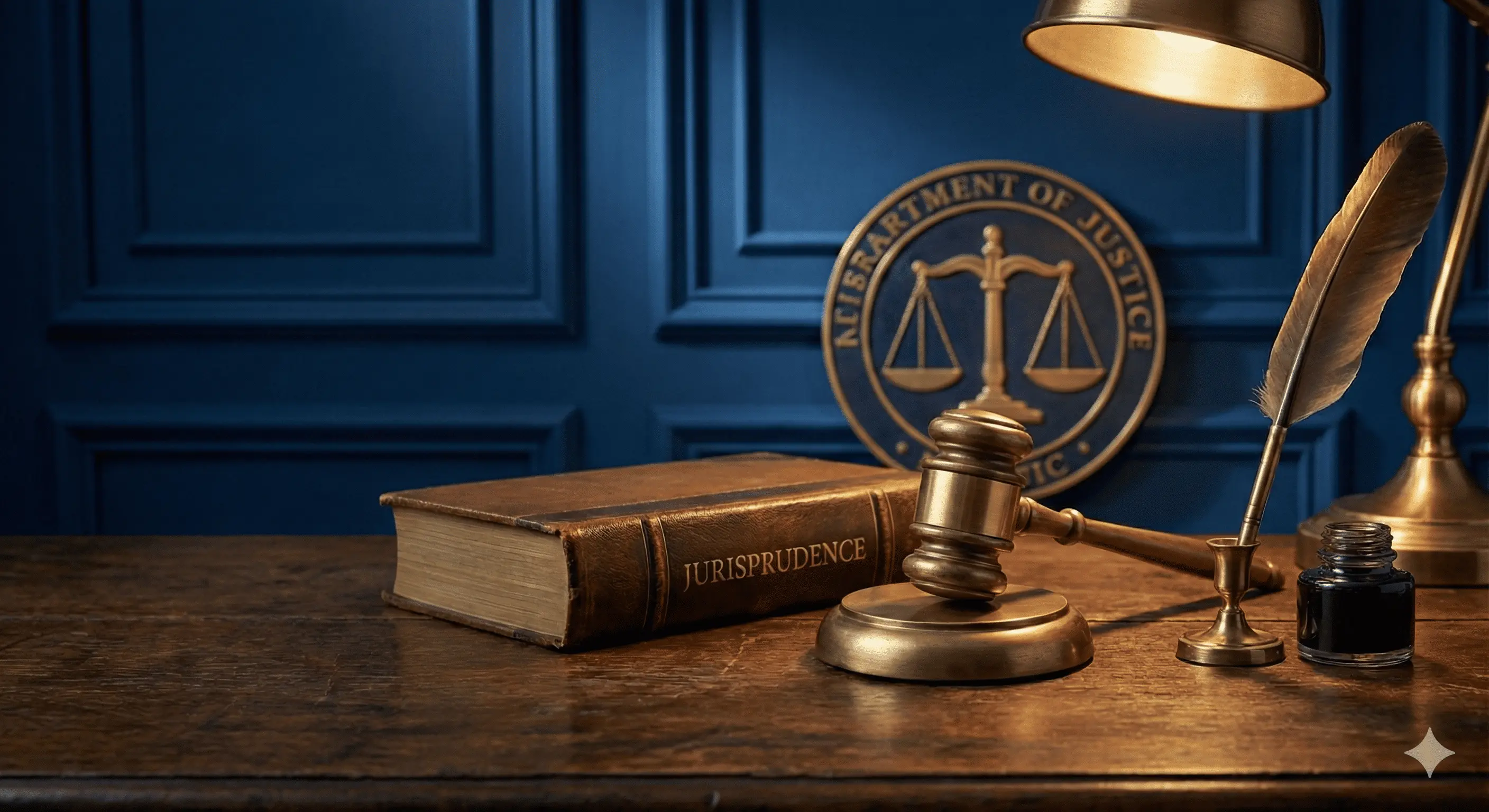 Çalışma masası üzerindeki hukuk kitabı ve adalet simgesi.